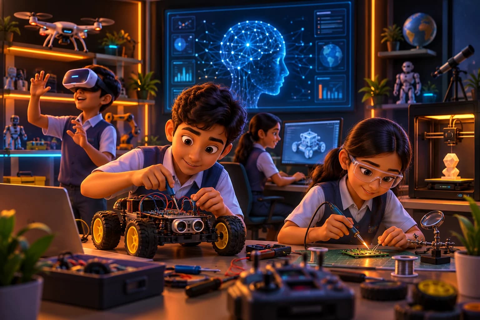Students working in an Atal Tinkering Lab with robots, drones and a 3D printer